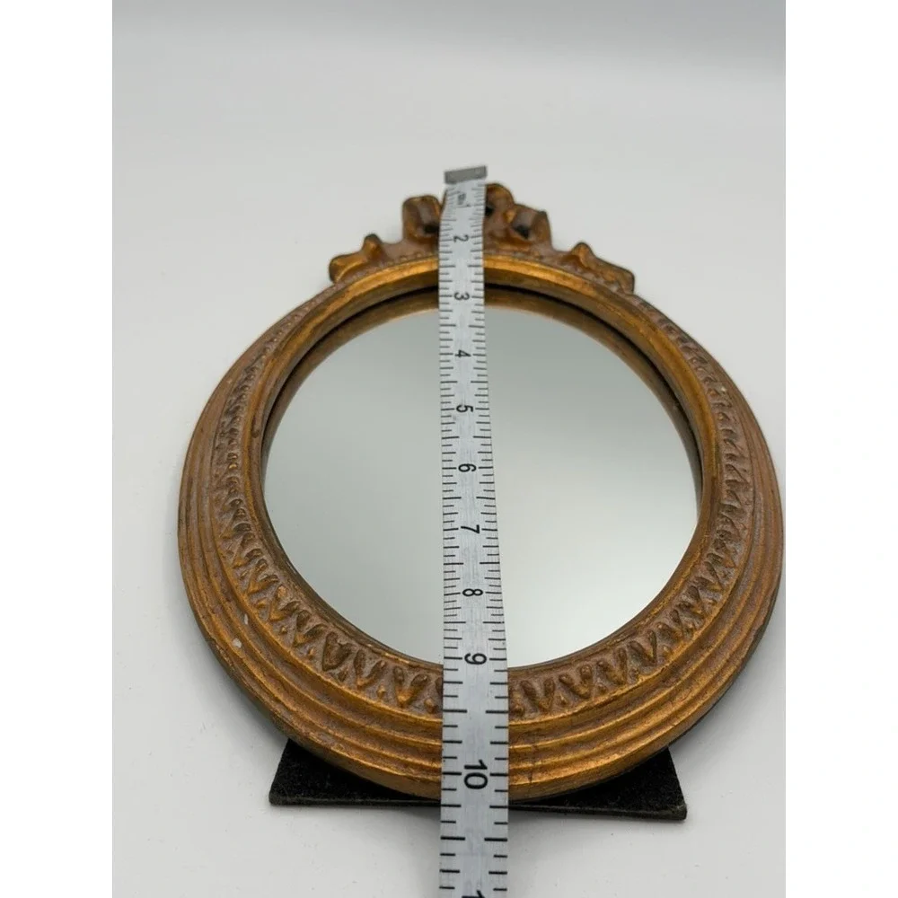 Vintage Ornate Gold Tone Round Tabletop Vanity Mirror w/ Easel Stand 10